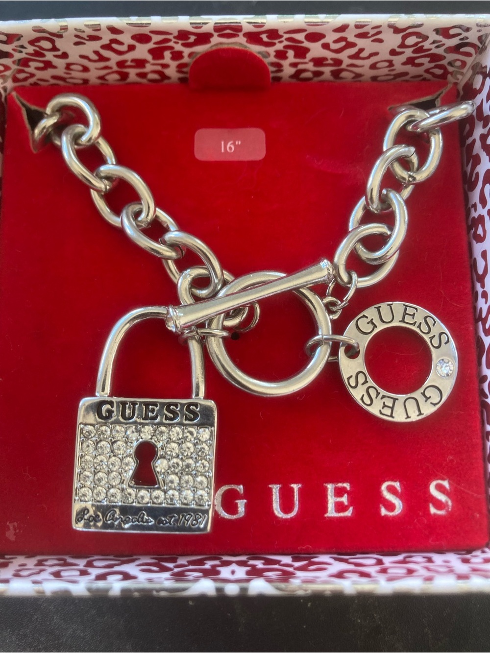 GUESS Silver-Tone Padlock Charm 16 inch Necklace with Logo Ring